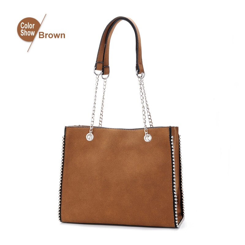 Bolso de hombro de lujo para mujer, bolso de mujer de informal con remaches de cuero, bolso de mano de alta capacidad: Marrón