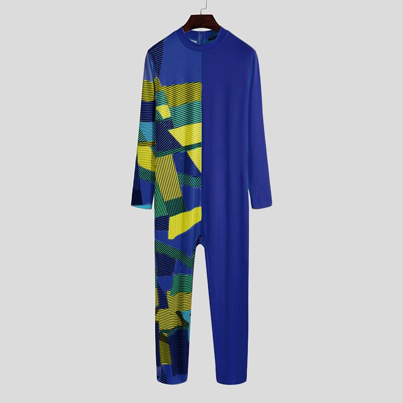 Incerun Mannen Pyjama Jumpsuit Homewear Patchwork O Hals Lange Mouwen Leisure Rompertjes Zipper Skinny Gezellige Overalls Nachtkleding S-5XL: Blue / M