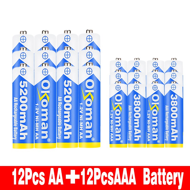 Okoman High capacity 5200mAh NI MH AA Rechargeable Batteries+AAA battery 3800 mAh Rechageable battery NI-MH 1.2 V AAA battery: Blue