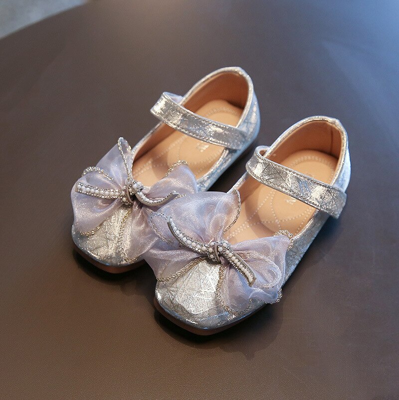 Leather Shoes Baby Girl Shoes Spring Summer Butterfly-knot Princess Kids Shoes E648: Silver / 23(Insole 14.5CM)