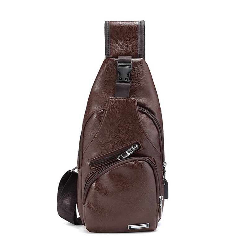 Sac de poitrine pour homme avec Port de Charge sac USB rétro bandoulière en cuir Pu Vintage sac d'affaires pochette pour Sport marron foncé