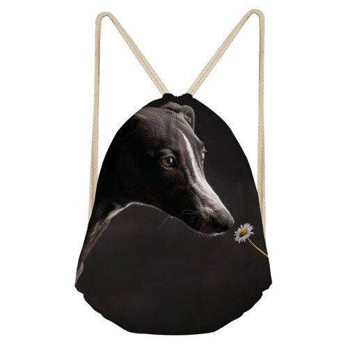Whereisart 3d dyr hund mørkegrå italiensk greyhound print skolepiger snøre taske små dametasker til softback rygsæk: Y0818 z 3