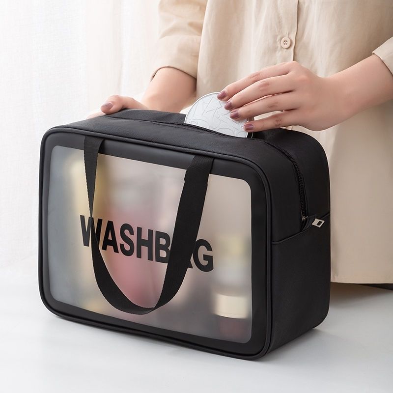 Online Celebrity Makeup Bag INS Large-Capacity Portable Travel Wash Bag Transparent Waterproof Skin Care Storage Box: Black   Large Size
