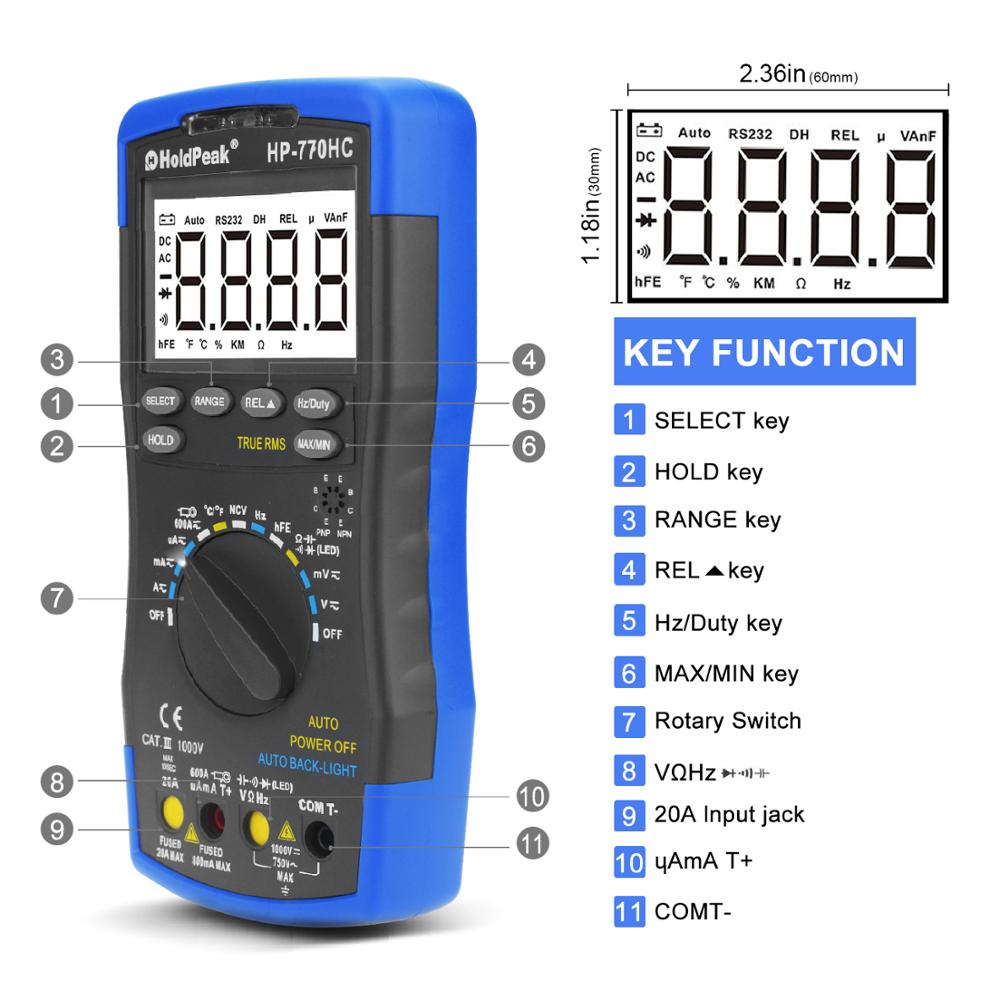 Multimetro HoldPeak HP-770HC True RMS Auto Ranging Digital Multimeter mit NCV Funktion und Temperatur/Frequenz/Duty Zyklus Test