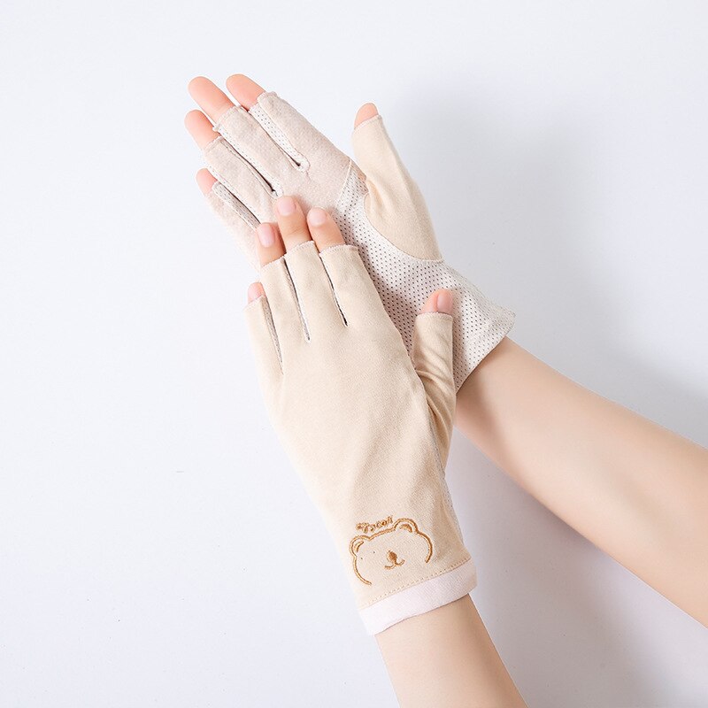 Summer Women Cotton Sunscreen Touch Screen Anti-UV Non-Slip Breathable Cute Lovely Drive Cycling Half Finger Gloves: beige