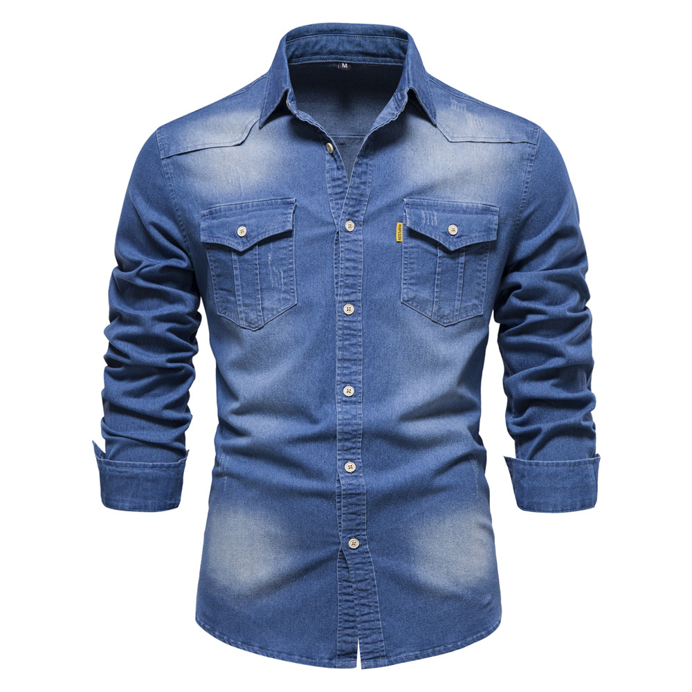 2025 Frühjahr Herren-Jeanshemd, 100 % Baumwolle, elastisch, lässig, schmale Passform, Streetwear-Kleidung, langärmelig, mehrere Taschen, Cowboy-Hemden: XXXL / Blau