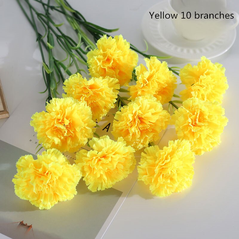 10 Stks/set Zijde Anjer Kunstbloemen Bundel Rood Geel Roze Nep Anjers Boeket Wedding Party Centerpiece Decoratie: yellow