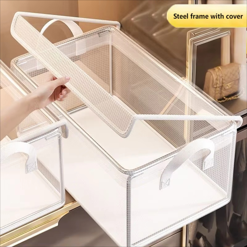 Contenedor de almacenamiento de PVC con tapa, plegable, transparente, a prueba de polvo, marco de acero inoxidable, organizador de guardarropa para ropa interior, dormitorio en casa