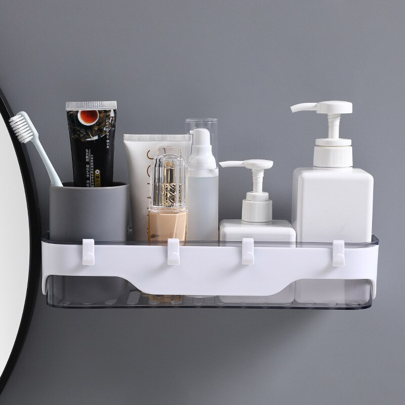Wall-mounted Storage Rack Bathroom Shelf For Kitchen With Hooks Storage Bathroom Accessories Without Drill Plastic Container: Transparent-Gray