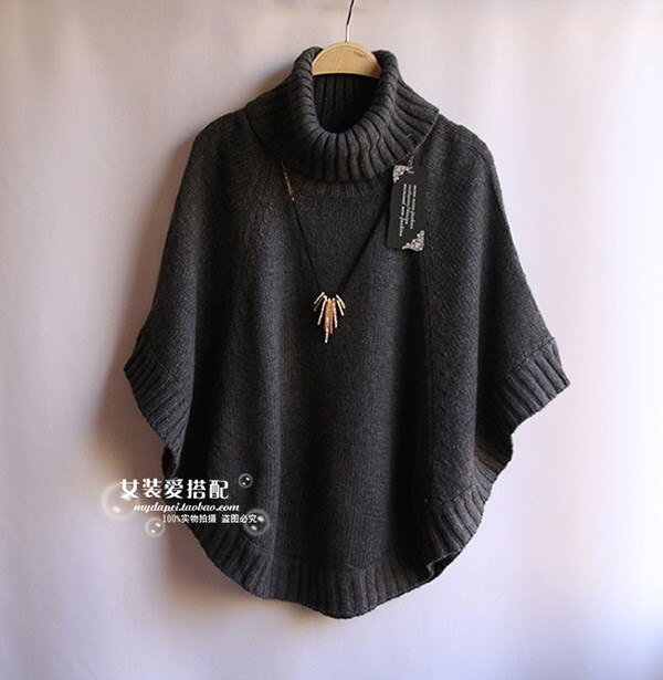 Kvinders kapper og ponchoer kvinder sjal kappe frakke bat ærme turtleneck sweater efterår og vinter kappe plus størrelse: Sort