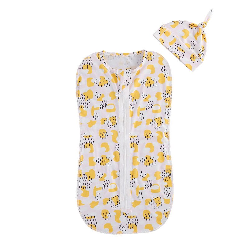 Baby Baby Slaapzakken Cartoon Print Rits Inbakeren Wrap Hoed Winter Herfst Voor Meisje Jongen: YELLOW / 0-3 M