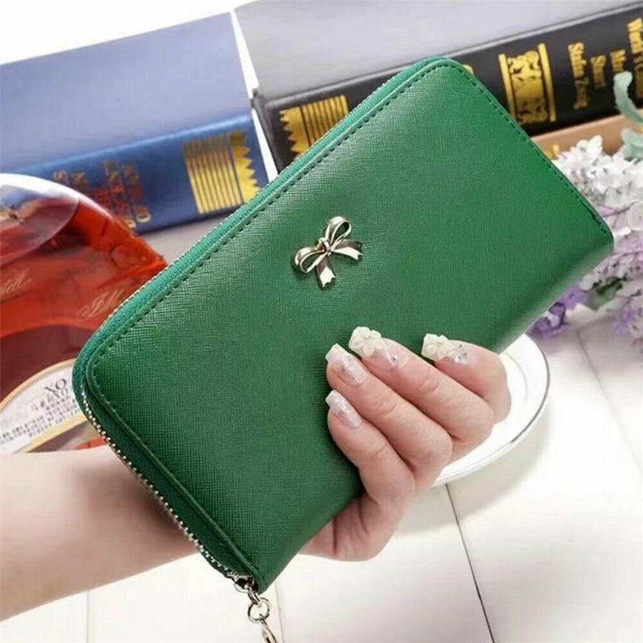 Cuero billeteras de PU de lujo para mujer, Cremallera larga, monedero, monedero, tarjetero, funda para teléfono: Green 2