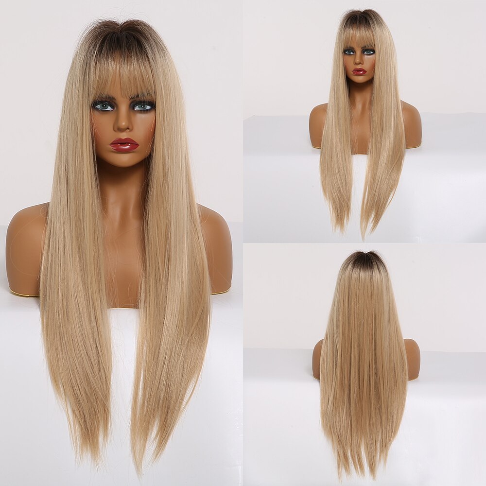 EASIHAIR, pelucas largas rectas de color negro a marrón con flequillo, pelucas sintéticas de pelo Natural, pelucas de Cosplay diarias, resistentes al calor