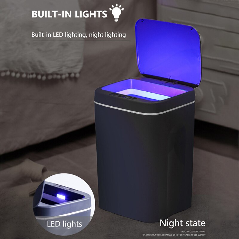 Smart Trash Can Automatic Induction Trash Can with Lid USB Charging Trash Can Bin 12/16L with LED Lights Home Smart Garbage Bin