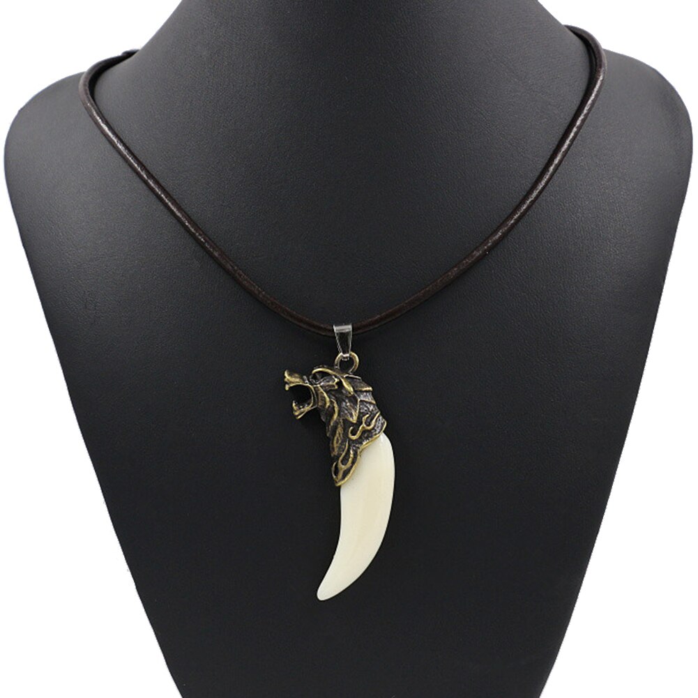 Nova moda antigo masculino colar tribal esculpido lobo fang dente pingente falso couro corda colares para homem