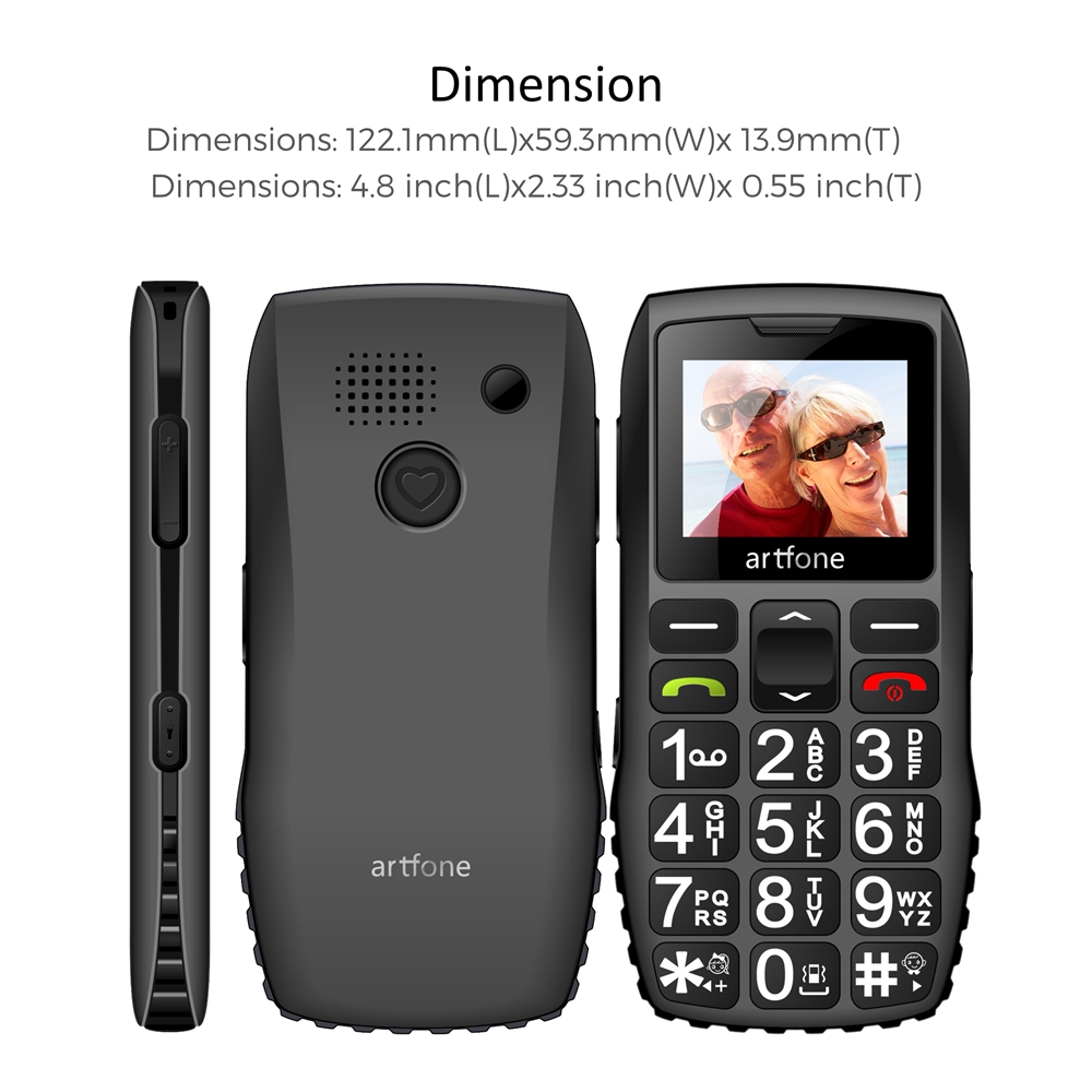 Barra de teléfono móvil para personas mayores Artfone C1 + con base de carga gratuita, teclado de goma grande para personas mayores, doble Sim, una tecla, SOS, FM, 1400mAh