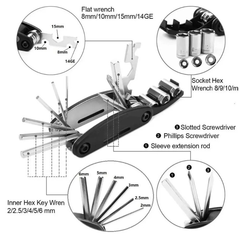 16 in 1 Multifunctional Folding Repair Tools Kit Portable Wrench Nut Tire Screwdriver Set for Car Bike Motorcycle Maintenance