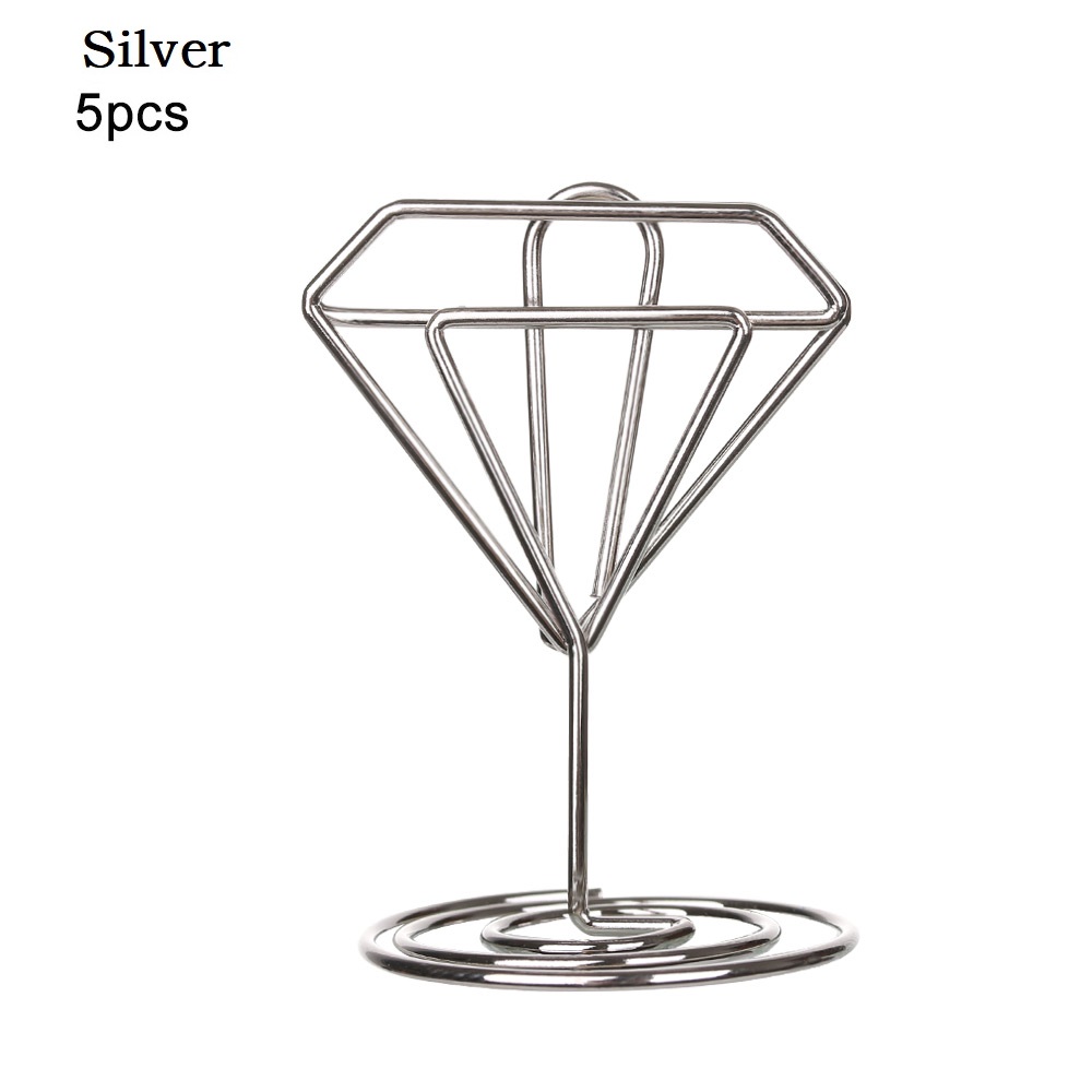 1/3/5Pcs Metal Heart Diamond Shape Clamp Place Card Holder Photo Clip Table Number Stand for Wedding Party Desktop Decor: Type2-5pcs--silver