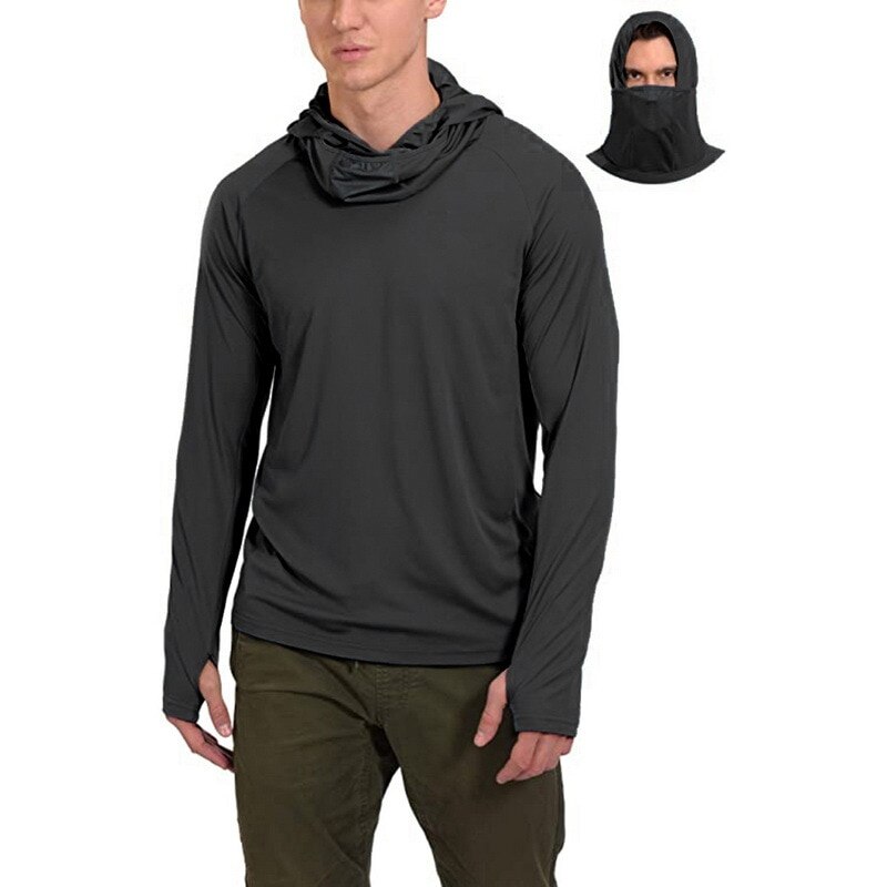 Chemise de pêche à capuche Anti-UV pour hommes, vêtements de randonnée en plein air, protection solaire hauts, séchage rapide: Black / S