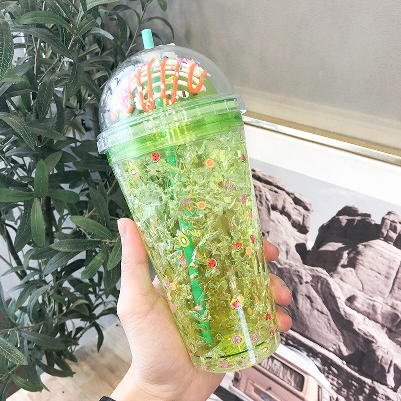 Summer Fruit Ice Cup Double Layer Refrigeration Net Red Straw Plastic Cup Large Capacity Korean Hipster Cup: GREEN