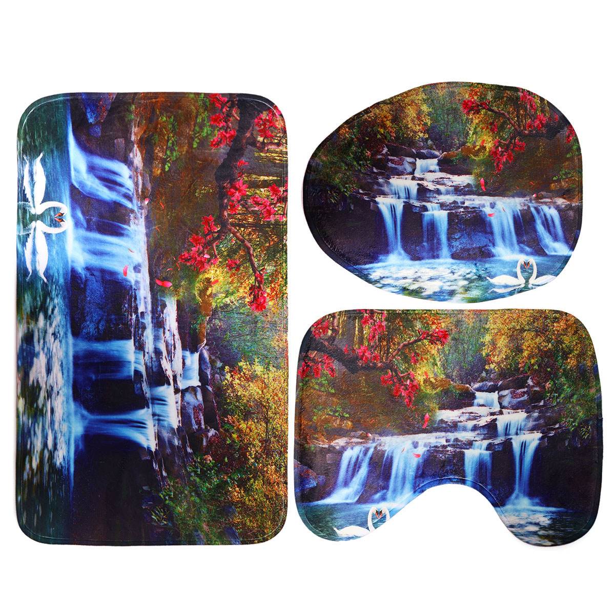 3D Waterval Landschap Waterdicht Douchegordijn Badkamer Landschap Bomen Bloem Badmat Set Voetstuk Tapijt Deksel Wc Cover: H mat