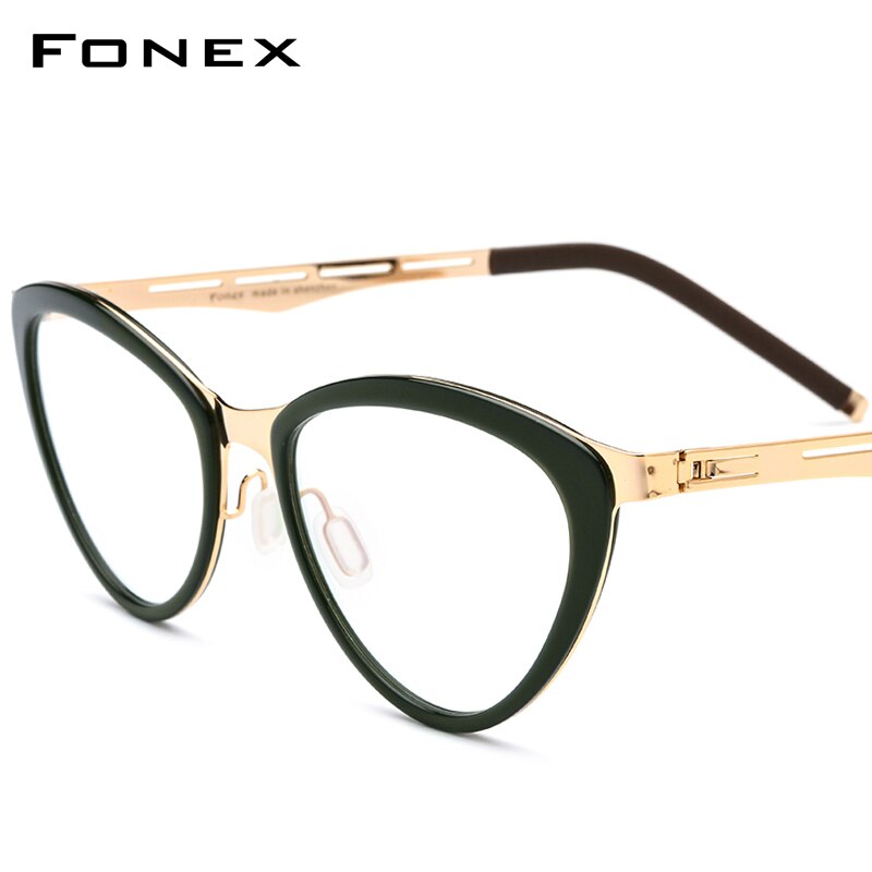 Acetaat brilmontuur vrouwen cat eye bril op sterkte bijziendheid optische brilmonturen dames cat eye bril schroefloze bril 618: Donkergroen goud