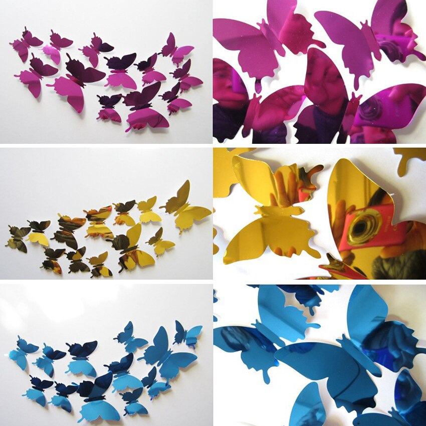 12pcs/set Mirror Silver 3D Butterfly Wall Stickers Party Wedding Decor DIY Home Decorations Butterfly Fridge Decal