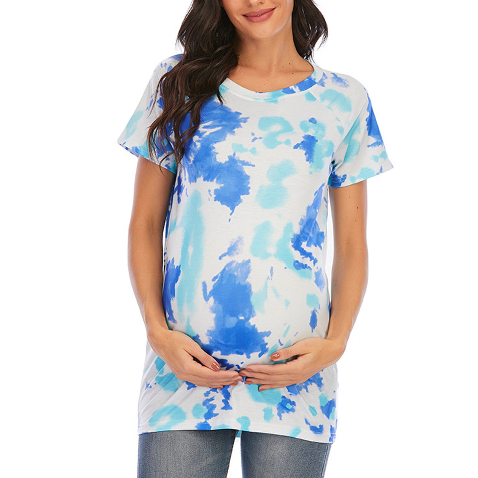 Summer Women Maternity Pregnancy T-Shirt Tie-Dye Tops Blouse Casual Clothes Maternity Clothes Loose Top Ropa de maternidad: Light blue / L