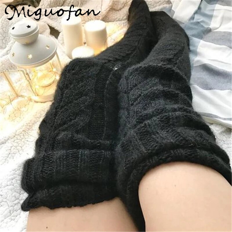 Miguofan ulden mohair strikkede strømper kvinder vinter varme fluffy sokker over knæet damer tykke strømper kvindelige efterår
