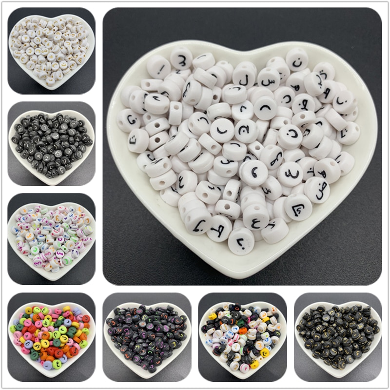 Lot de 100 perles de l&#39;alphabet arabe de forme ovale, espacées de 7mm, breloques pour la fabrication de bijoux faits à la main, Bracelet et collier