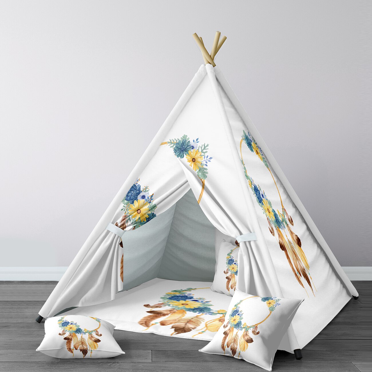 Spielzelt für kinder, wigwam, tragbares indoor-spielzelt, kinderzimmer, flauschig und mit blumenkranz, modell 041
