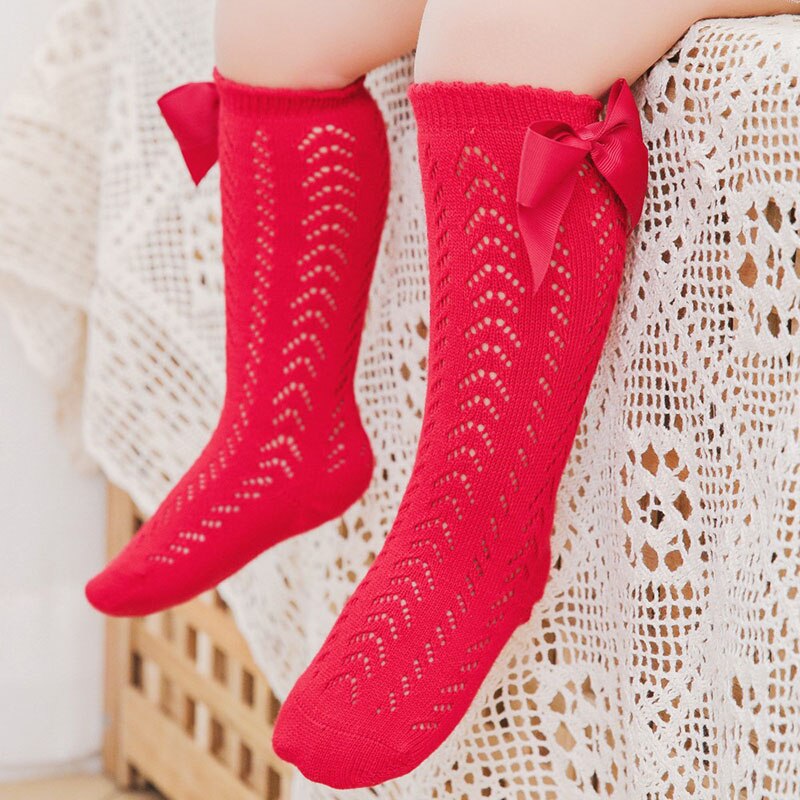 Nette Sommer Baby Socken Mit Bogen Atmungsaktive Baumwolle Mesh Baby Mädchen Knie Hohe Socken Einfarbig Kleinkind 1-3Y: red