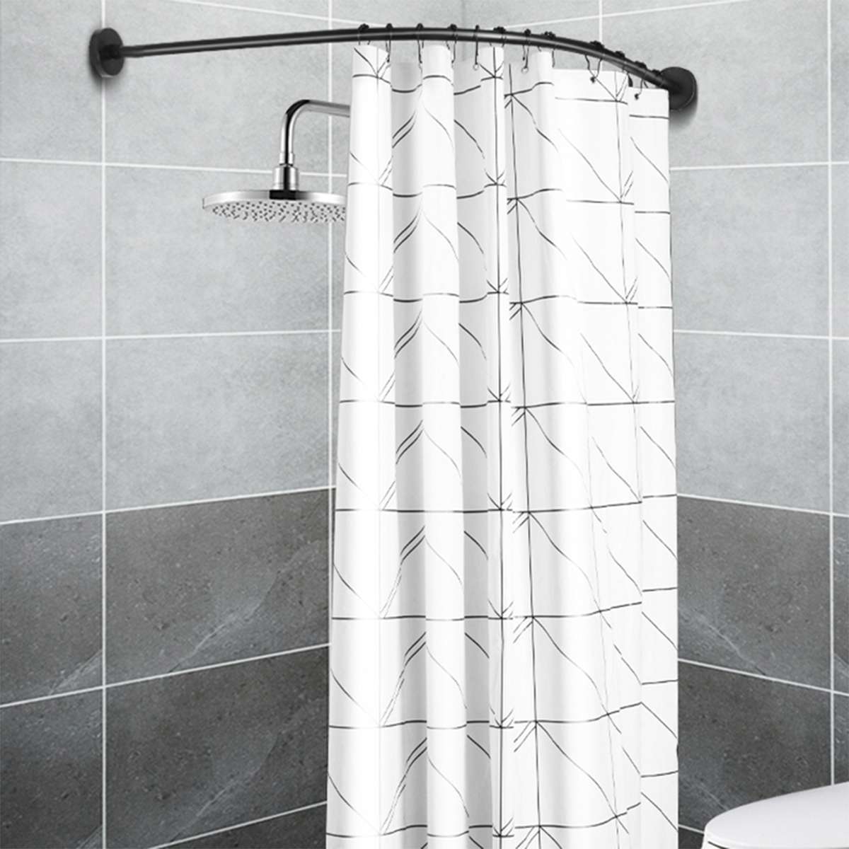 Extendable Corner Shower Curtain Rod Pole Black Stainless Steel Rail Rod Bar Bath Door Hardware Heavy Loaded With 12 Metal Hooks