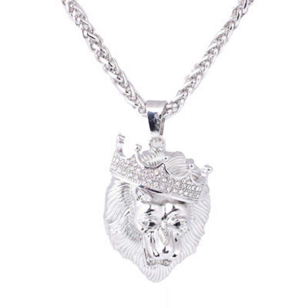 Necklace Mens Jewelry Full Iced Out Rhinestone Lion Tag Pendant Cuban Chain Hip Hop Necklace Snake Chain: Silver 