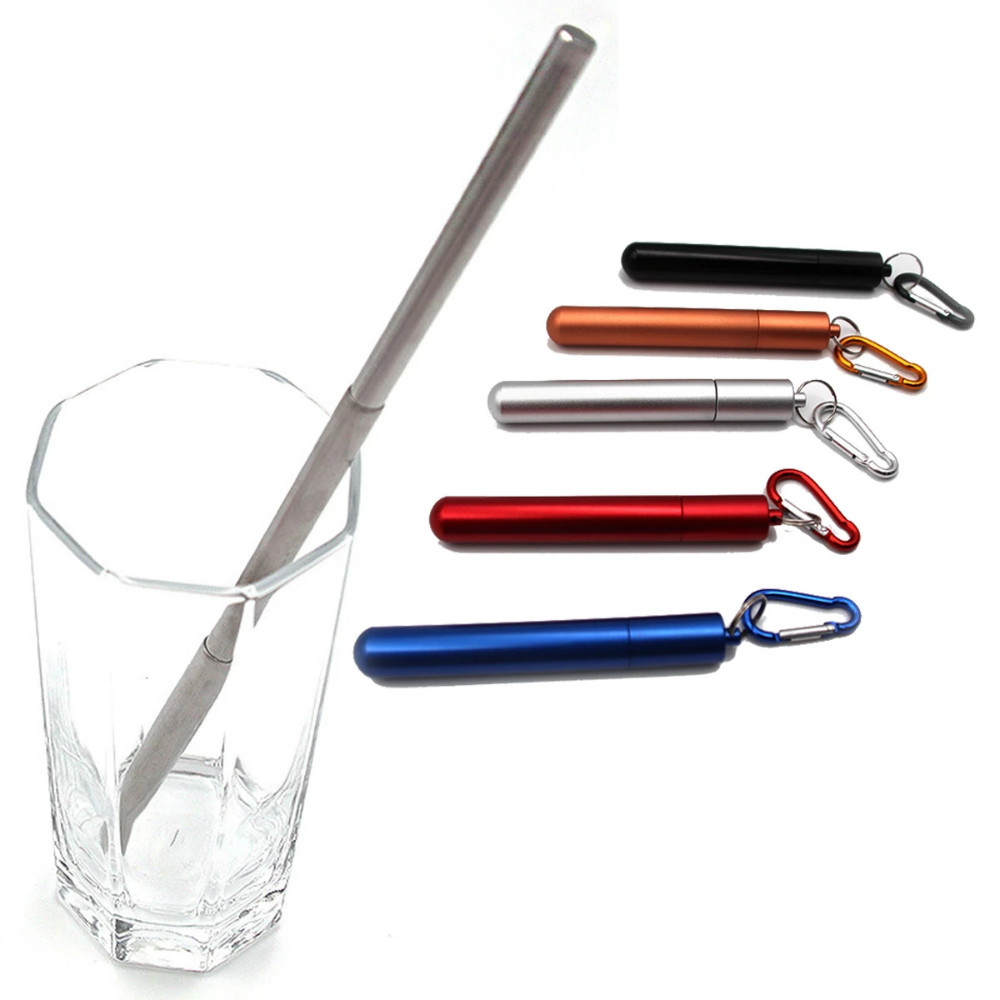 Paille télescopique en acier inoxydable, pliable et réutilisable, Portable, avec étui et brosse pour voyage en plein air