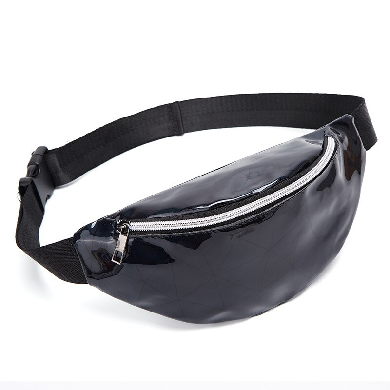 Fanny pack women PU leather waist bag sequins shoulder messenger chest bag coin belt purse phone bag key pouch: Black