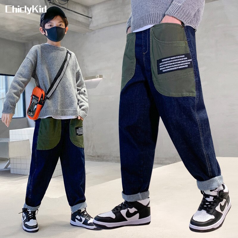 Boy Spring Loose Pocket Jeans Children Contrast Cargo Jean Pants Kids Straight Denim Pant Baggy Trouser Teen Clothes