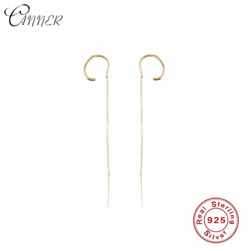 CANNER Simple 925 Sterling Silver Long Tassel Earrings For Women Pendientes Geometric Hanging Dangle Earring Chain Ear Line: gold