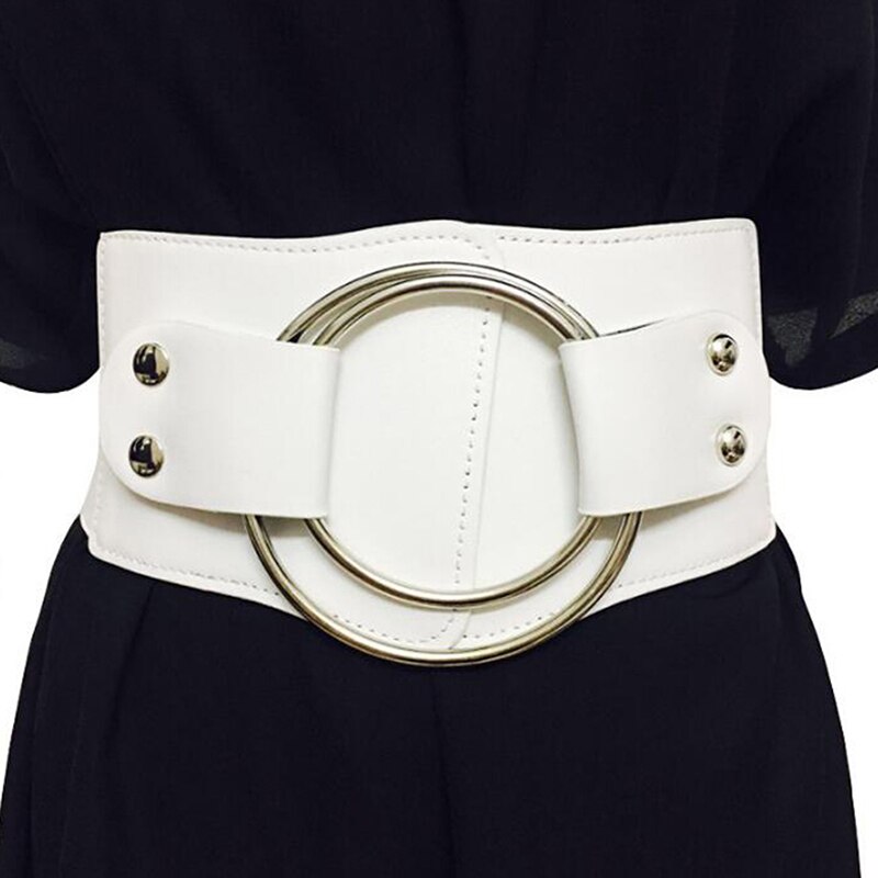 Vintage Wide Waist Elastic Belts For Women Stretchy Corset Waistband Hollow Metal Big Ring Women's Belt Exaggerate Cummerbund: white