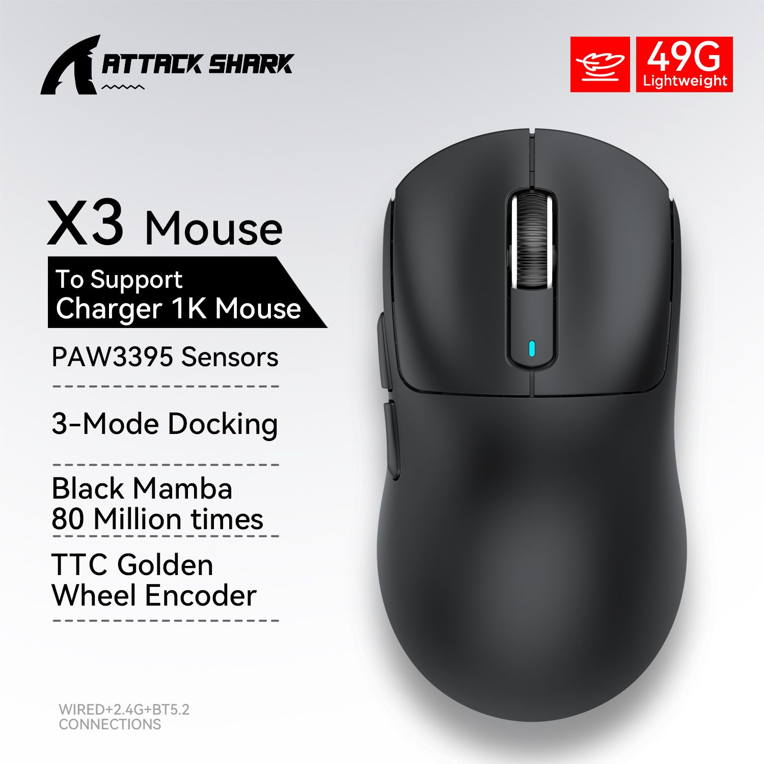 Attack shark  x3/x3 pro langaton pelihiiri, paw 3395 26k dpi, kolmitilayhteys, kevyt, sopii windowsille/macille/kannettavalle tietokoneelle: Musta