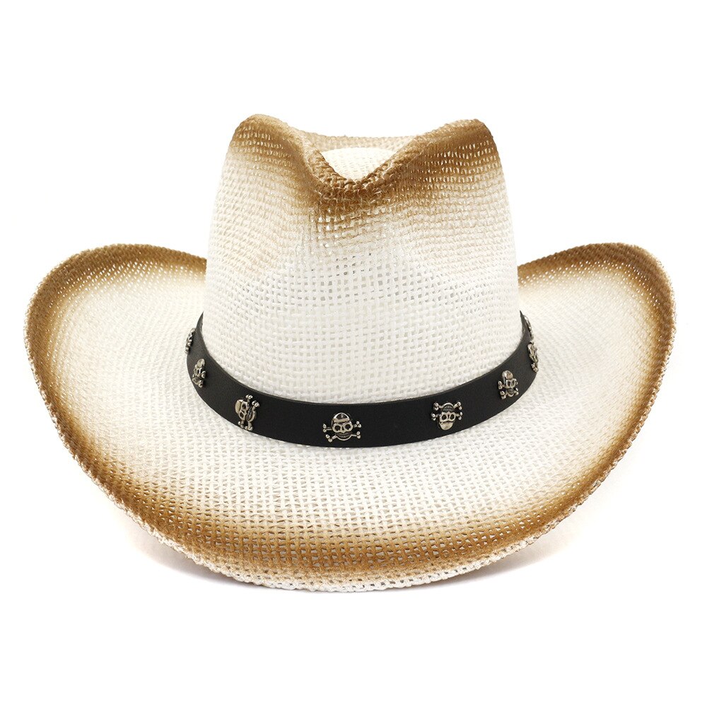 Qbhat Bruin Spray Verf Mannen Vrouwen Papier Stro Zon Cowboy Hoeden Met Schedel Riem Decor Zomer Brede Rand Zonnehoed Panama strand Cap