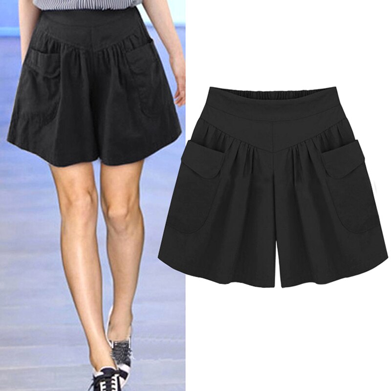 Dameshorts løse åndbare ensfarvede shortsbukser med brede ben til sommer  zj55: Xxl / Sort