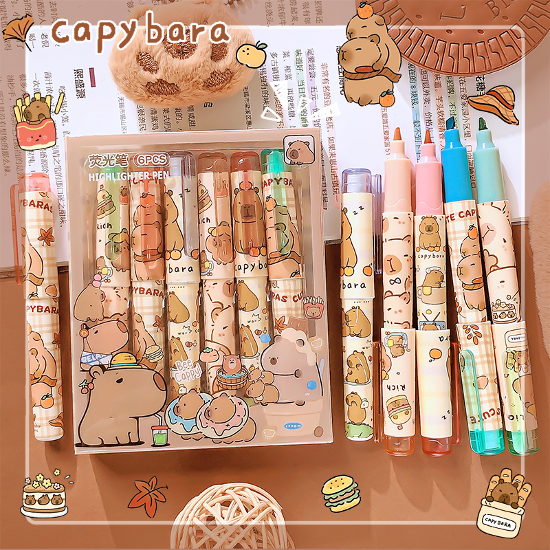 Suministros de papelería kawaii, accesorios escolares, bolígrafos bonitos para dibujar, marcadores de colores, rotuladores resaltadores de capibara, papelería estética