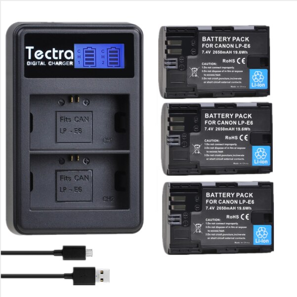 3pc 2650mAh LP-E6 LPE6 LP E6 LP-E6N Li-ion batterie + LCD double chargeur pour Canon EOS 5DS 5D Mark II III 6D 7D 60D 70D 80D: 3battery and charger
