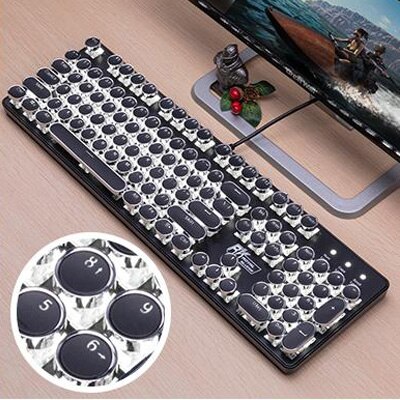104 Keys Retro Steam Punk Gaming White Light Mechanical Keyboard Round Keycap LED Illuminate Glowing Backlight USB Wired Gamer: 2 / Black Switch