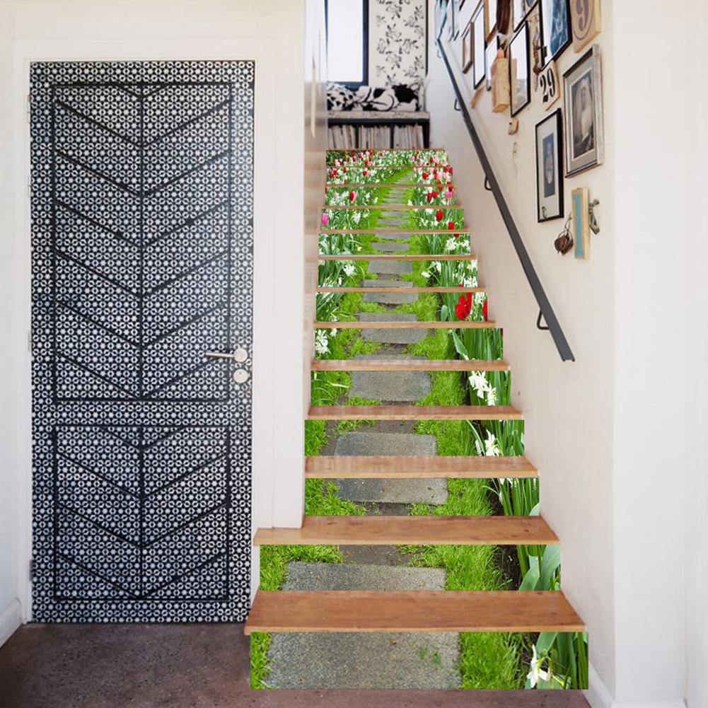 13Pcs Staircase Stair Riser Floor Sticker Self Adhesive DIY Flower Pattern Stairway Wall Decal Decor