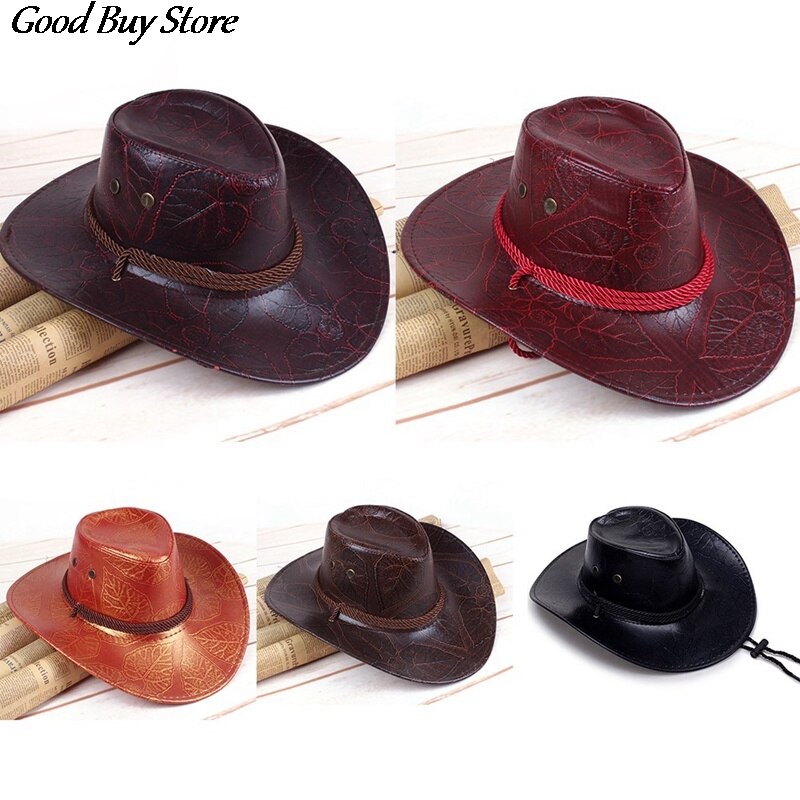 Leather Western Cowboy Hat Gentleman Wide Brim Retro Sun Hats Summer Beach Breathable Travel Chapeu Sombrero Jazz knight Caps