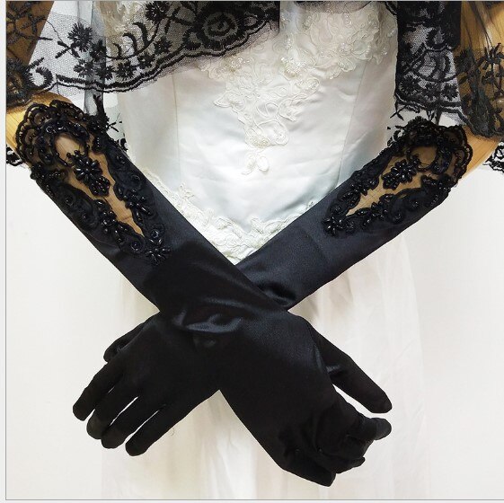 Guantes largos de 38cm con cuentas para mujer, traje de baile de dama de honor, boda, , de encaje,