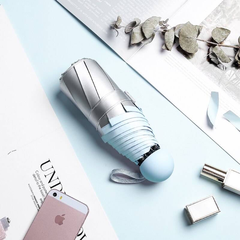 Mini Pocket Titanium Silver Glue 5 Fold 8 Ribs Umbrella Sun Protection Rain Windproof Folding Umbrellas For Woman Man: Sky Blue