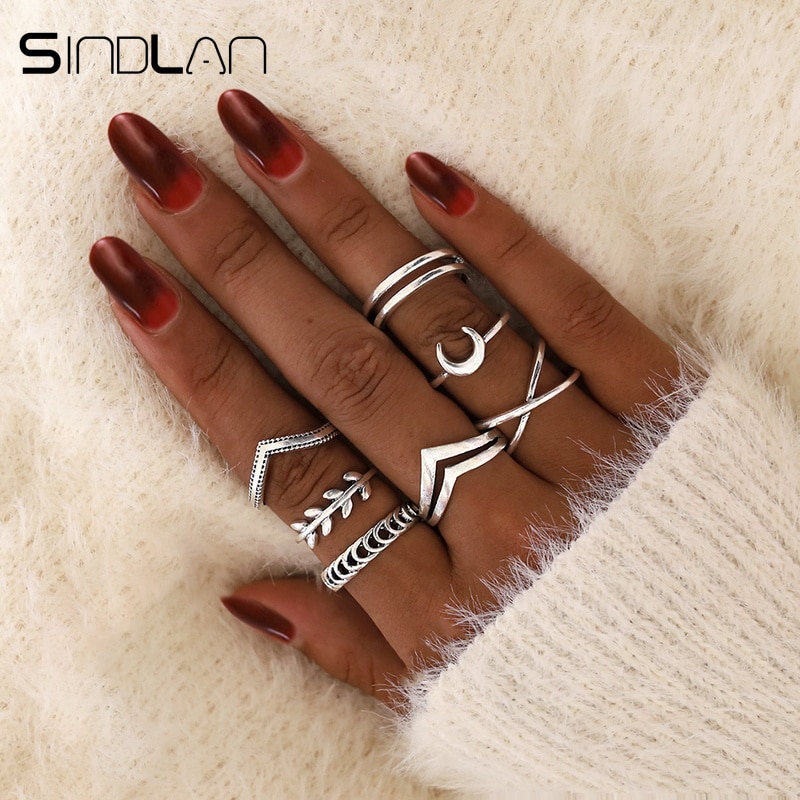 Sindlan 7Pcs Eenvoudige Zilveren Geometrische Moon Charm Ringen voor Vrouwen Punk Boho Gezamenlijke Vinger Ringen Set Sieraden Accessoires